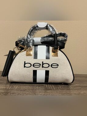 Bebe Black and White Striped Dome Satchel with Gold Hardware